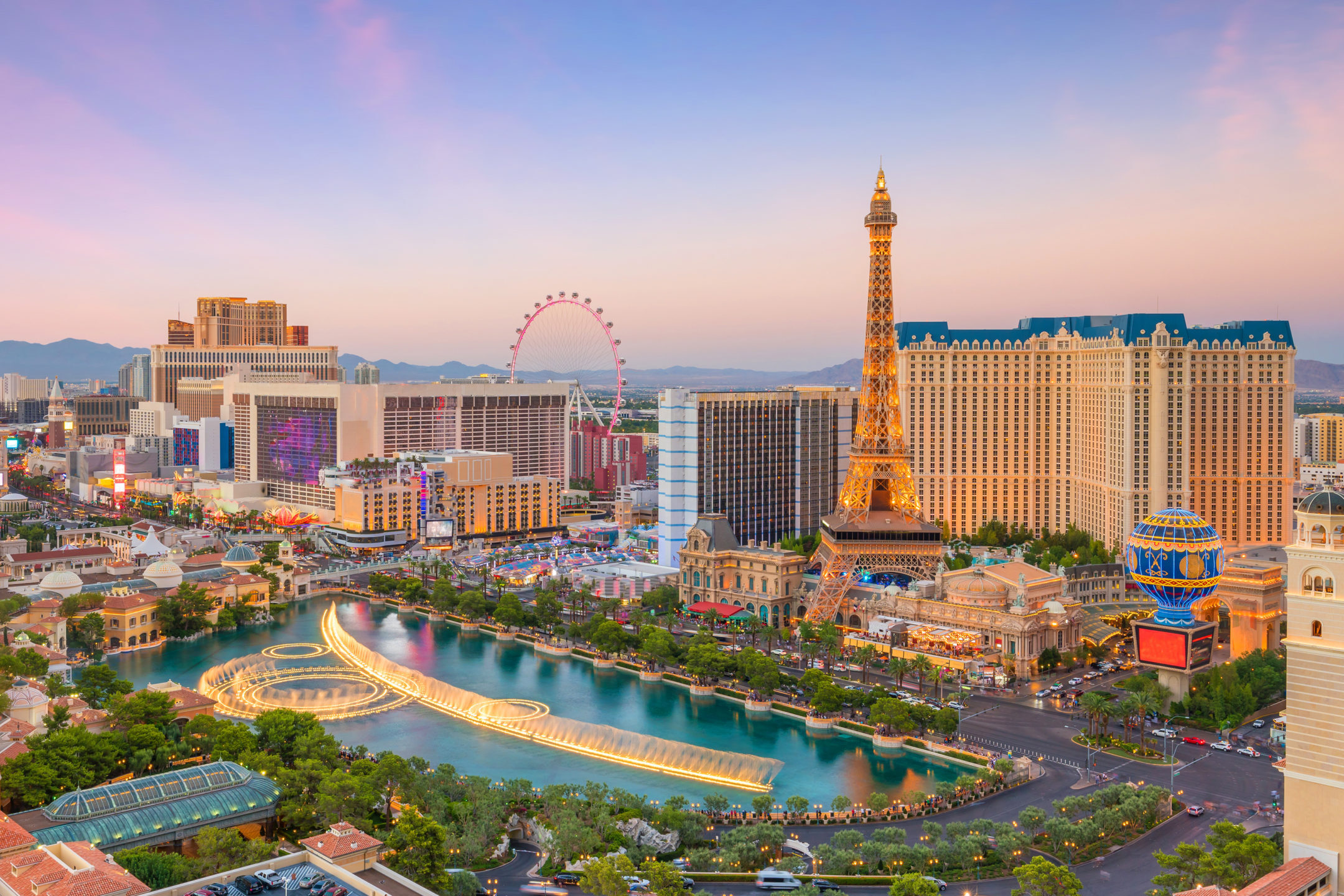 Skyline view of Las Vegas at dusk