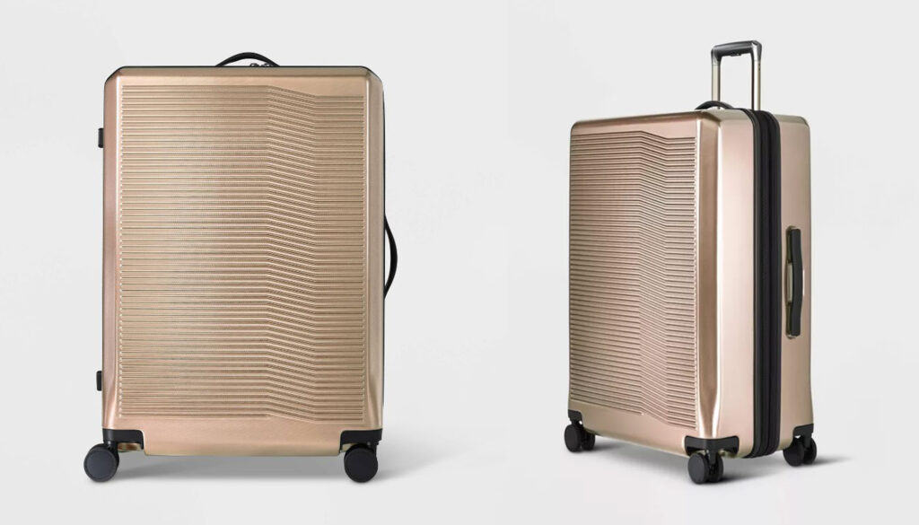 Two views of Open Story Hardside Checked Spinner Suitcase